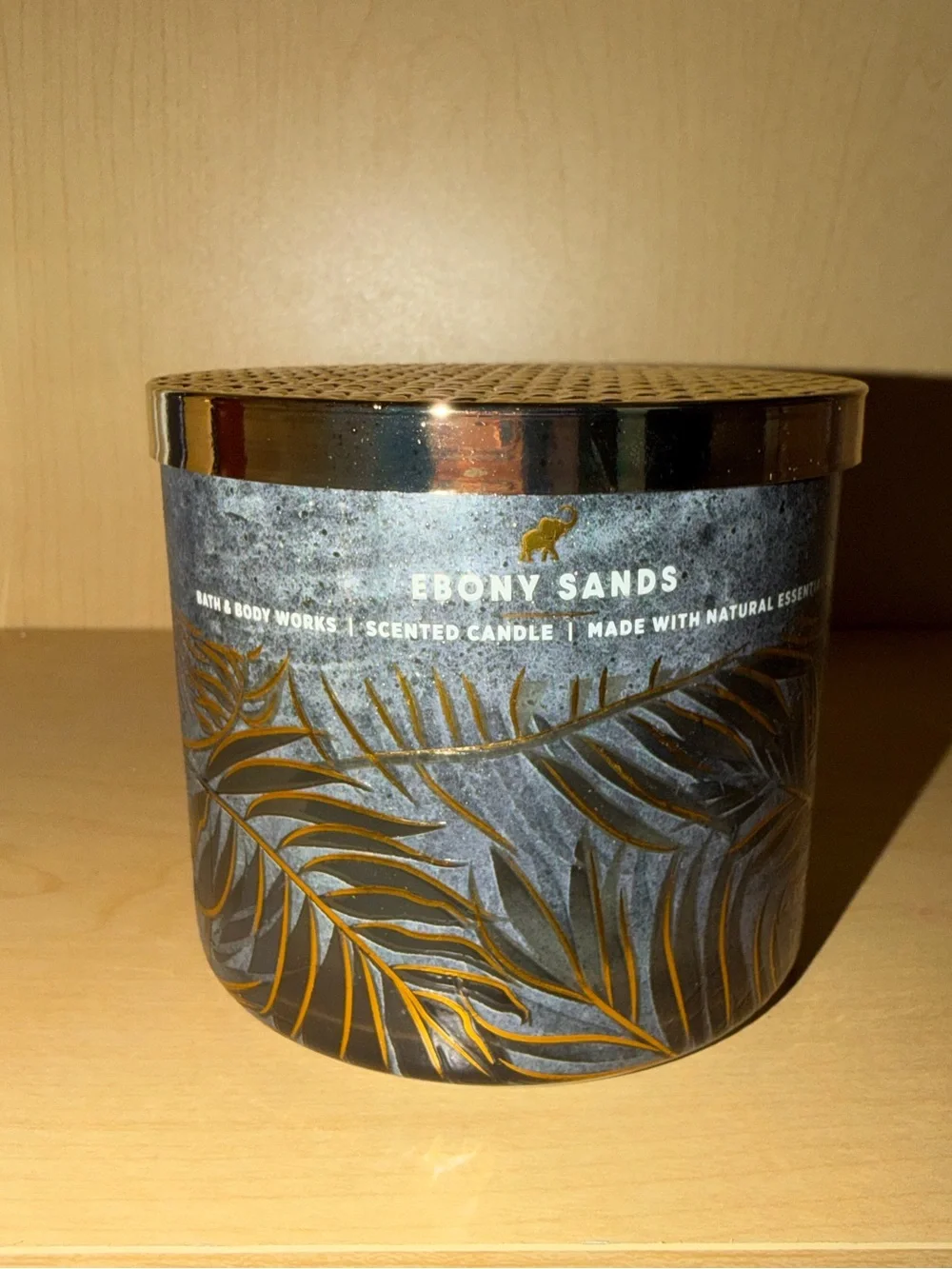 Bath & Body Works Ebony Sands Candle - Gold and Gray Leaf Design